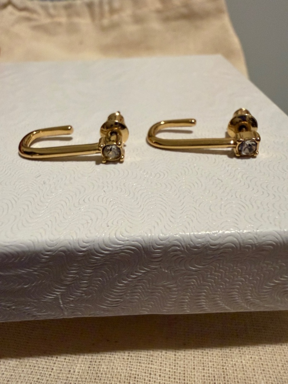 Gold J-Hook Stud Earrings with Clear Stones